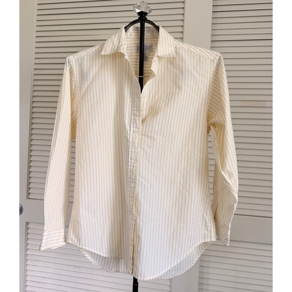 Lands End Yellow White Striped Button Down Shirt Petite 6 Cotton Blend Blouse